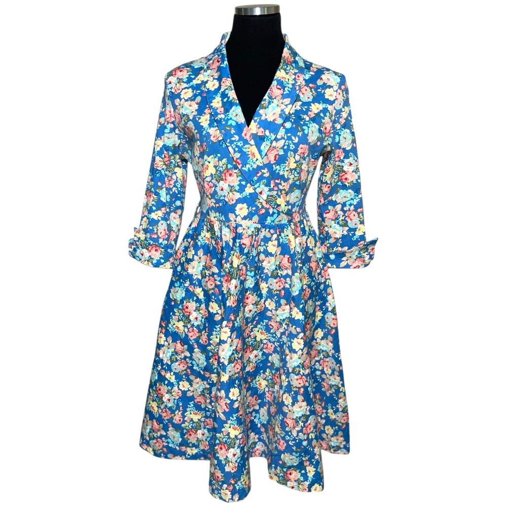 Lindy Bop Women Midi Dress Sz S Blue Vivi Floral‎ Cottagcore Retro Stretch 50s - Picture 2 of 16